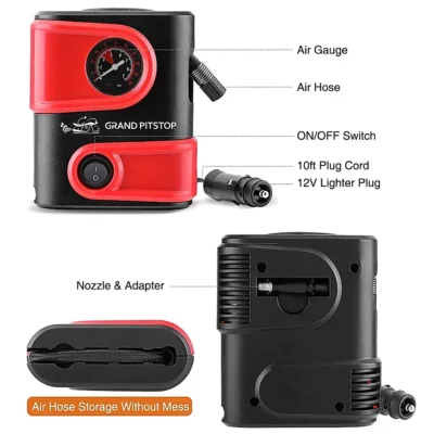 GrandPitstop Electric Tire Inflator Air Compressor Pump for Car, Motorcycle, Balls and Mattress – Red